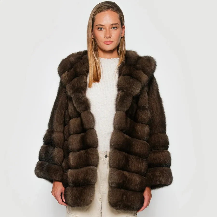 Women's Genuine Leather Fox Fur Hooded Jacket Loose Fit, Winter Warmth