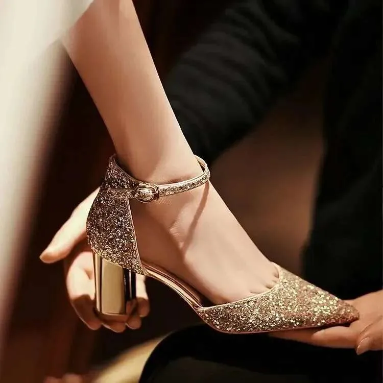 Womens Gold Sequined Pointed Toe Ankle Strap Pumps with Thick Heel