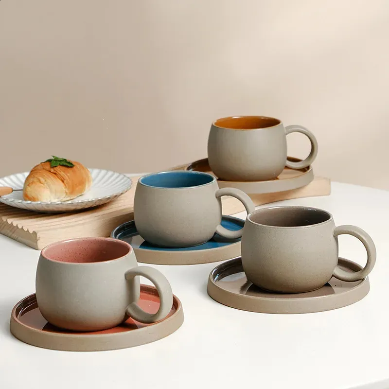 Vintage bronze pottery cup and sauce combination Japanese coffee cup set  Nordic afternoon tea breakfast cup latte coffee cup 240929