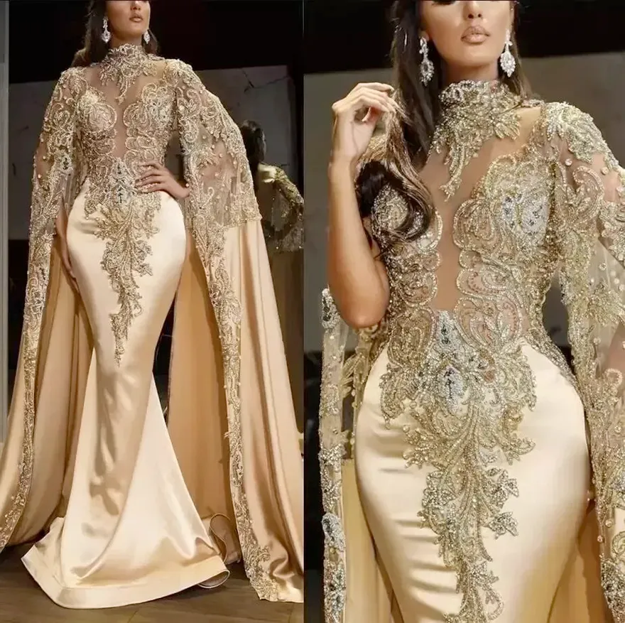 High Collar Beading Champagne Mermaid Evening Dress High Collar Beading Champagne Mermaid Evening Dress