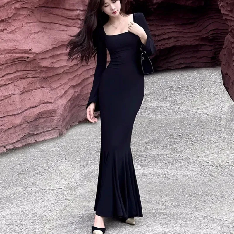 Korean Style Slim Fit Mermaid Dress | Long Sleeve Square