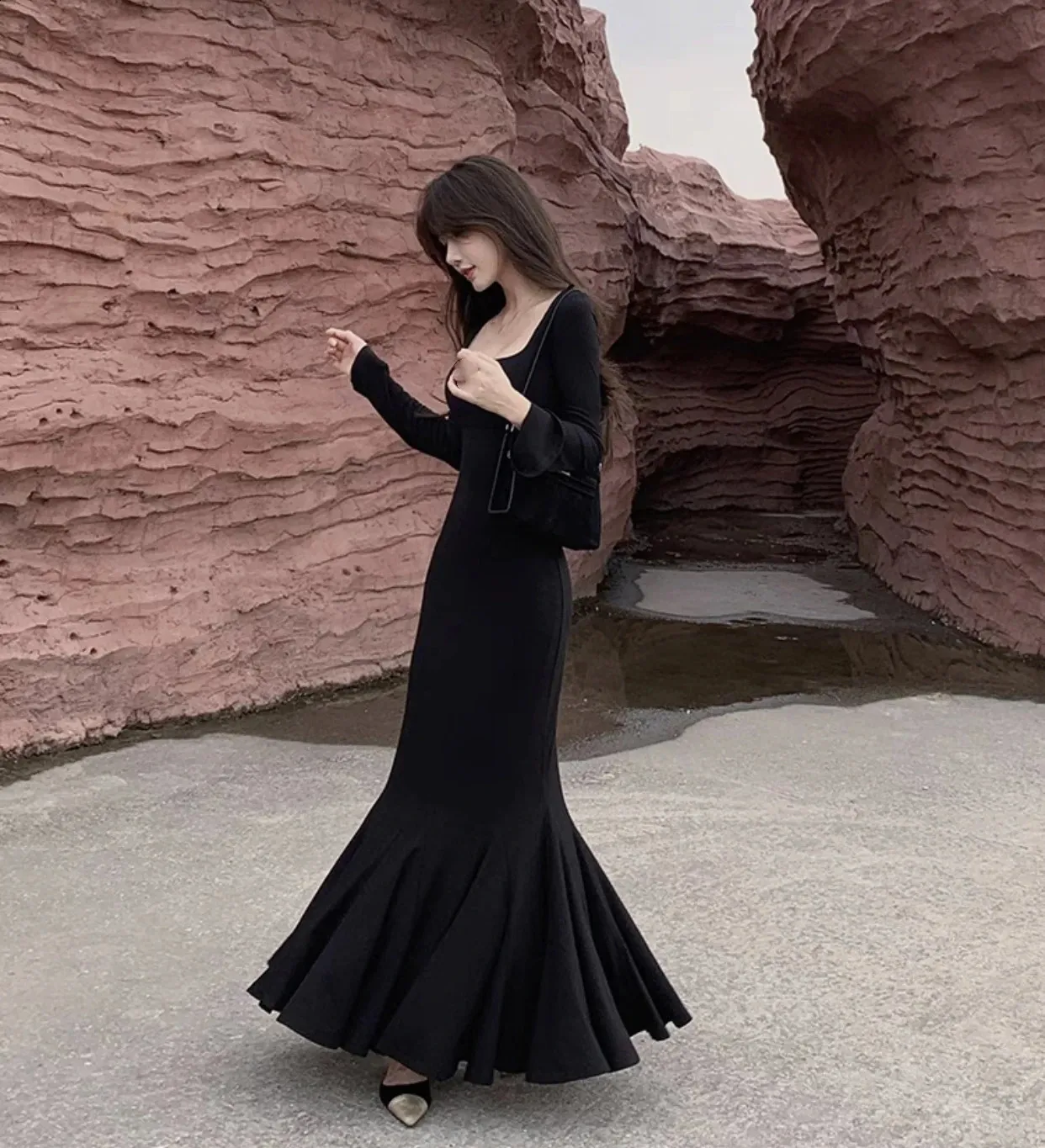 ★韓国人気★I AM MARI★SHIRRING LONG DRESS Korean Dress Mesh Embroidery | High Quality Dress Korean