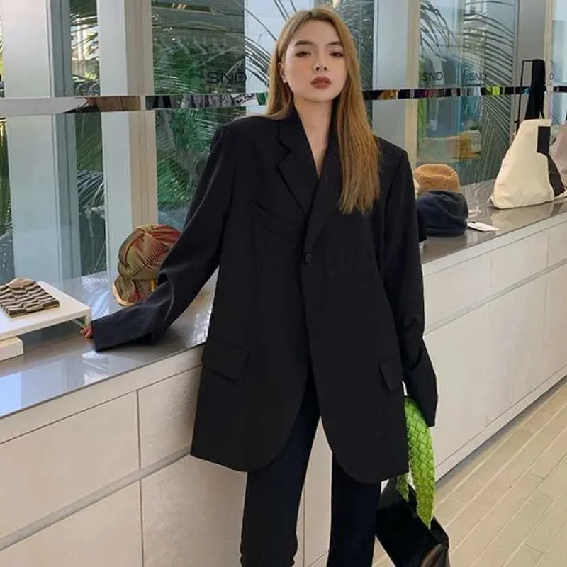 Suit Jacket Black Long Womens Blazer Korean Chic Oversized Black