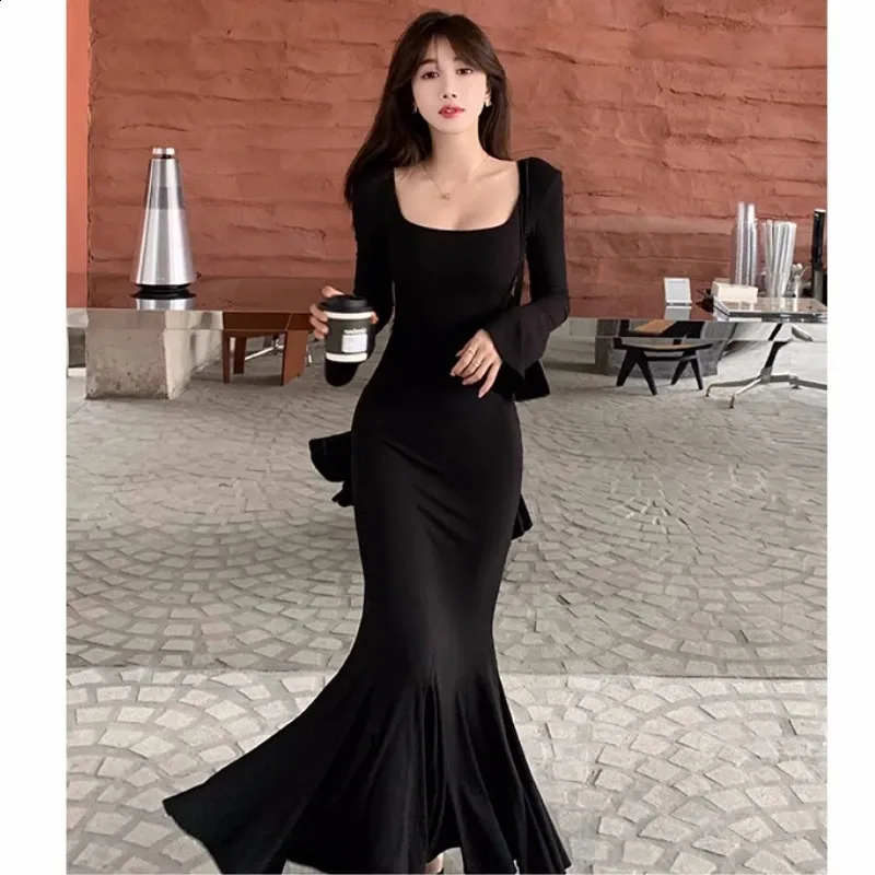 ★韓国人気★I AM MARI★SHIRRING LONG DRESS Korean Style Slim Fit Mermaid Dress | Long Sleeve Square