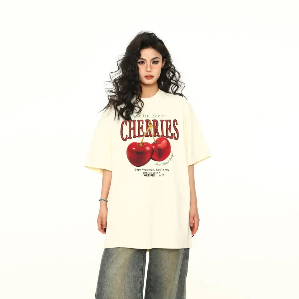 Acetate Sport T Shirt with Retro Cherry Print, Half Sleeved Loose