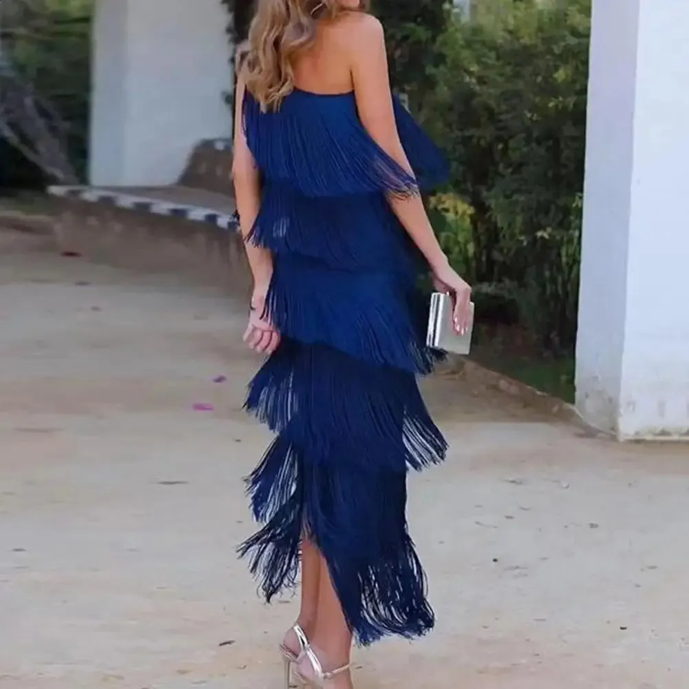 jade green evening dress Fringed One-Shoulder Long Beaded Prom Dress