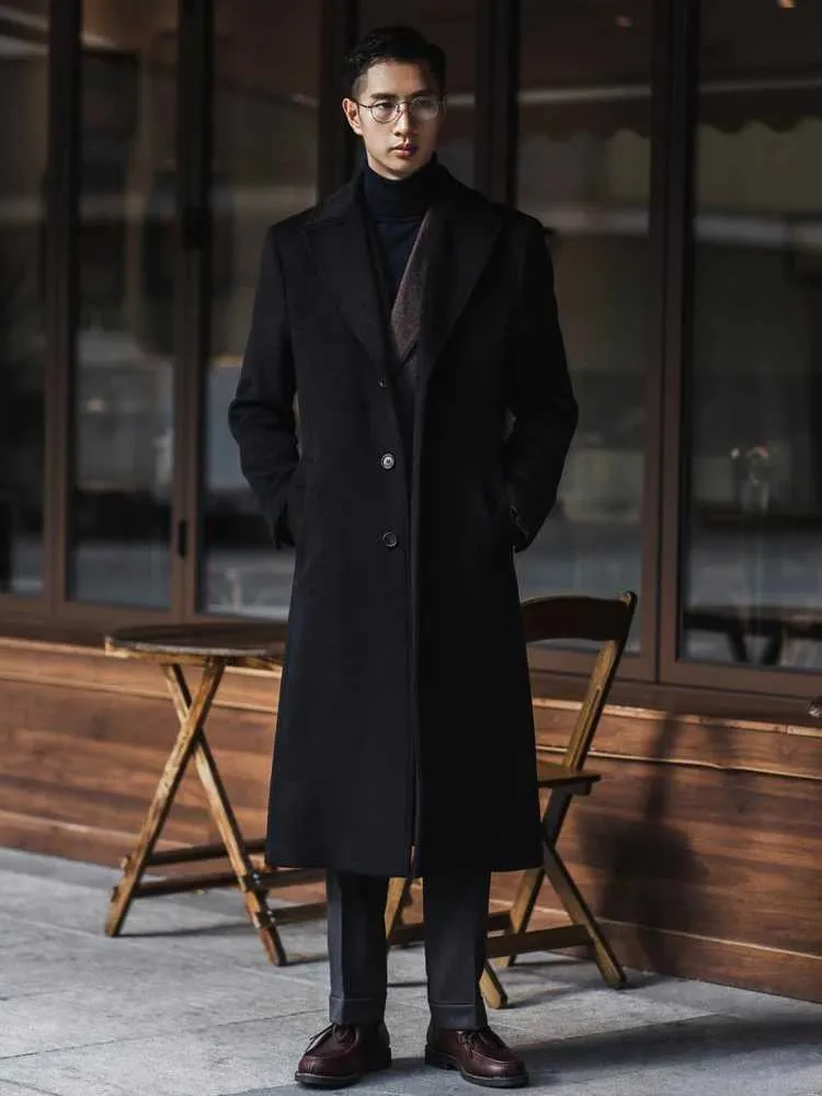 Mens Long Winter Trench Coat Single Breasted Wool Blend Overcoat