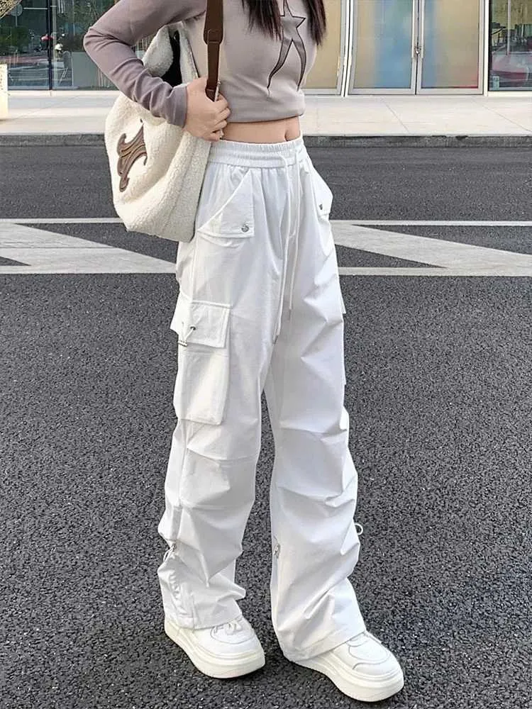 White cargo pants SHINYAKOZUKA似　y2k Women Y2K High Waisted Baggy Cargo Pants Casual Loose Wide
