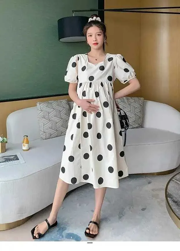 knee length dresses for ladies Light Blue Smocked Polka Dot Long Sleeve Maternity Dress – PinkBlush main image 1