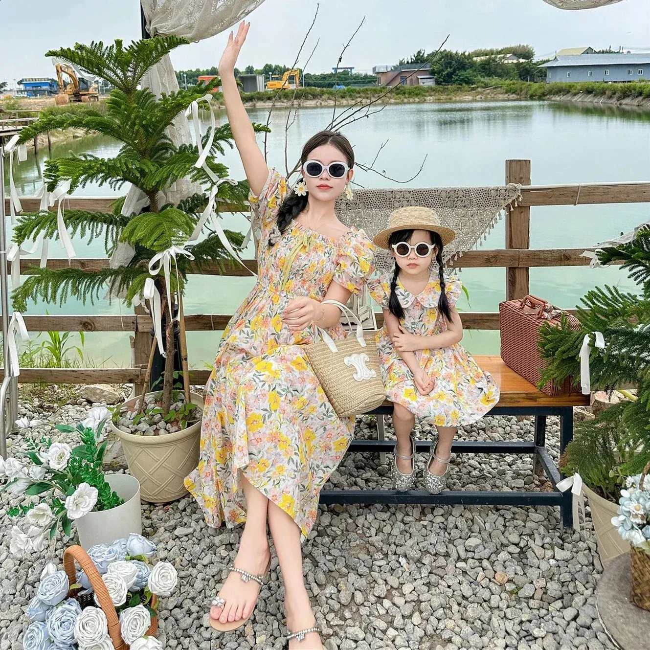 open lace back dress Green Floral Family Matching Shirt and Dress Set