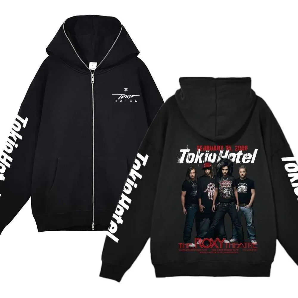Zip Up Hoodie Mens Streetwear Tokio Hotel Print Y2K Cardigan