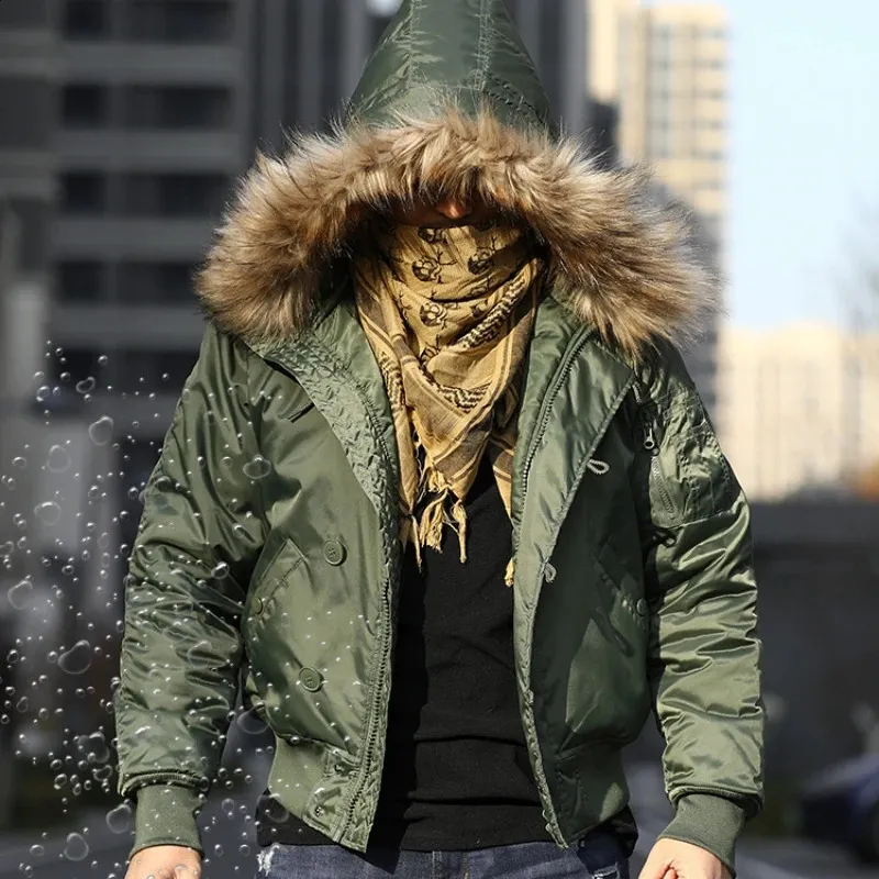 Mens Tactical Military Jacket Warm Fur Collar Hooded Bomber Jacket