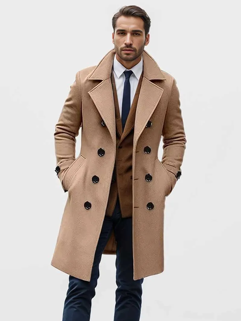 Mens Wool Overcoat Double Breasted, Casual & Fashionable, Long