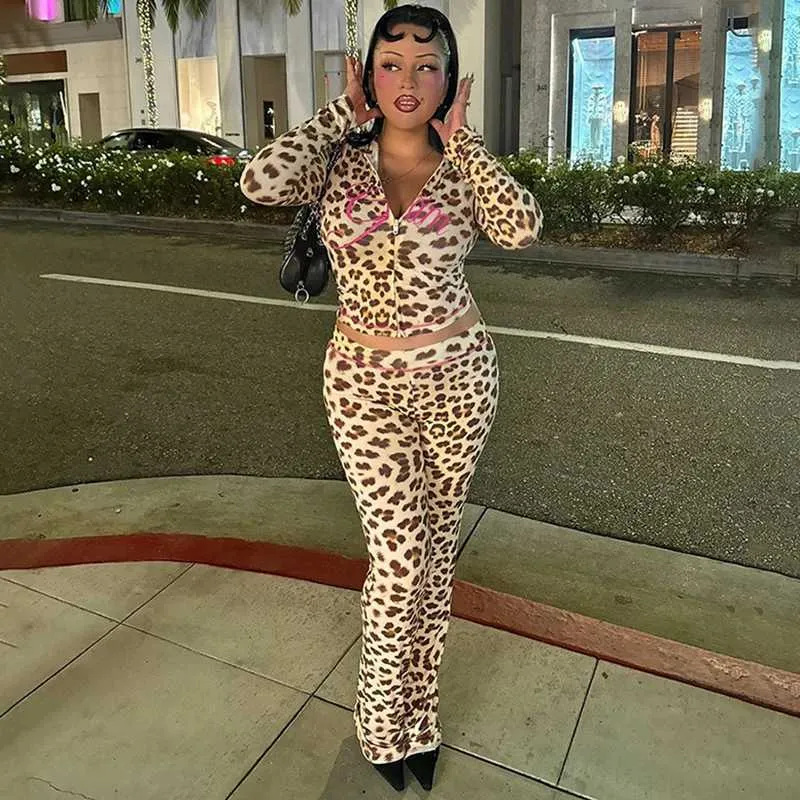 Womens Two Piece Pants Sifreyr Leopard Print Zipper Hoodie And