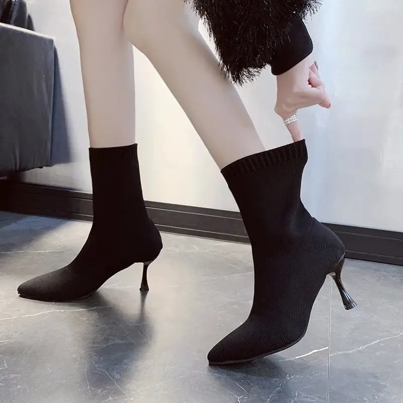 Womens Black Sock Ankle Boots, Elegant High Heel Dress Chelsea