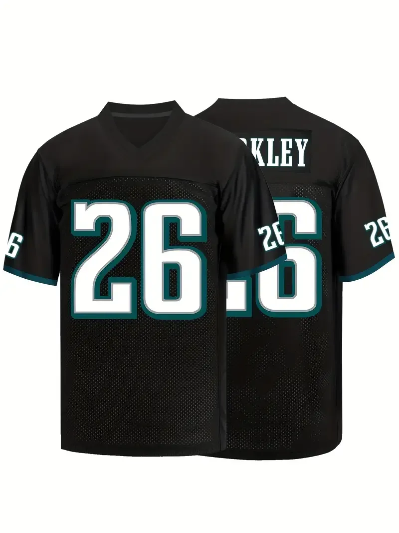 Saquon Barkley Football Jersey, Black Mesh Embroidery V Neck