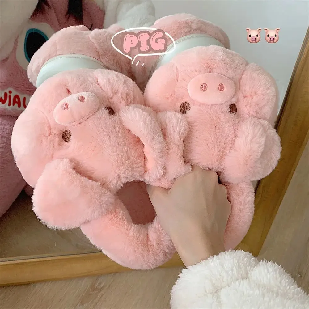 Ladies Animal Slippers: Fuzzy Pink Pig Slippers Indoor Fur Cotton