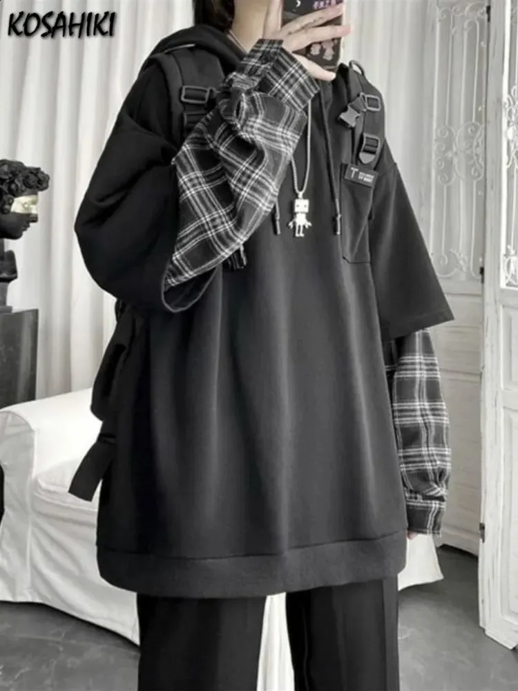 Womens Oversized Plaid Sleeve Hoodies Casual Patchwork Sweatshirt