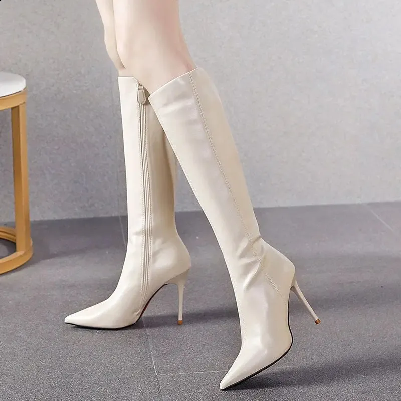 White Pointed Toe High Heel Boots For Women Stylish Y2K Work Boots