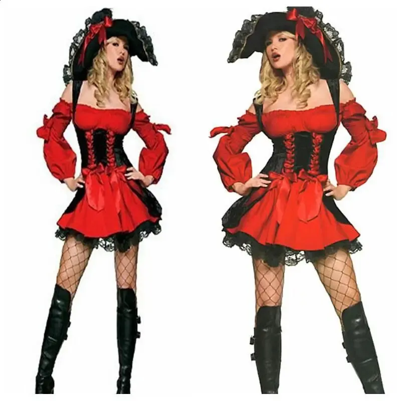 Disfraz De Pirata Medieval Para Mujer – Top De Hombros Descubiertos, Falda Asimétrica, Corsé Ajustable Y Medias De Red, Para Halloween Y Cosplay