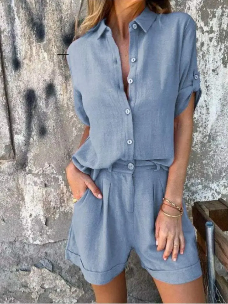 Tracksuits For Women: Summer Cotton Linen Short Sleeve Shirt