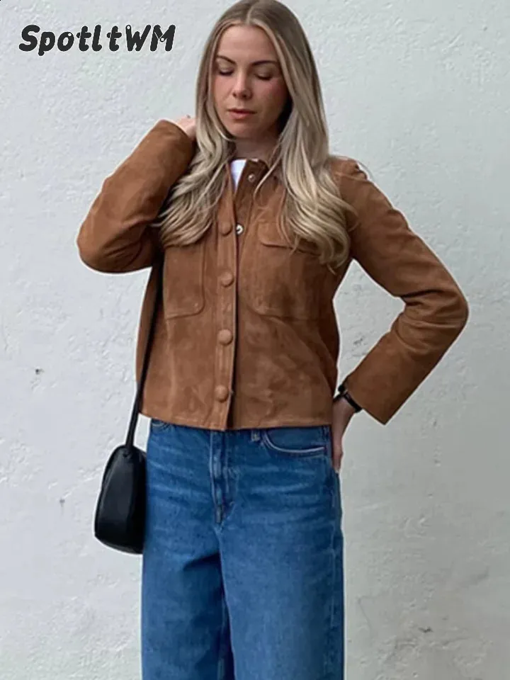 Fashion Brown Slim Fit Suede Jacket Womens Vintage Single Breasted