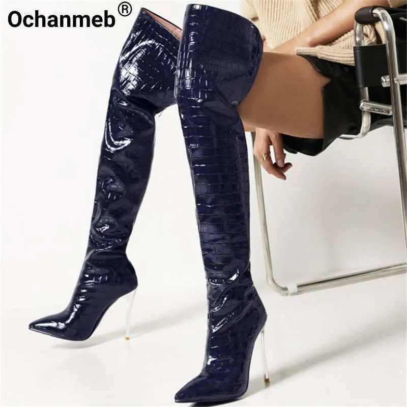 Navy Blue Thigh High Stiletto Boots: Crocodile Embossed, Party