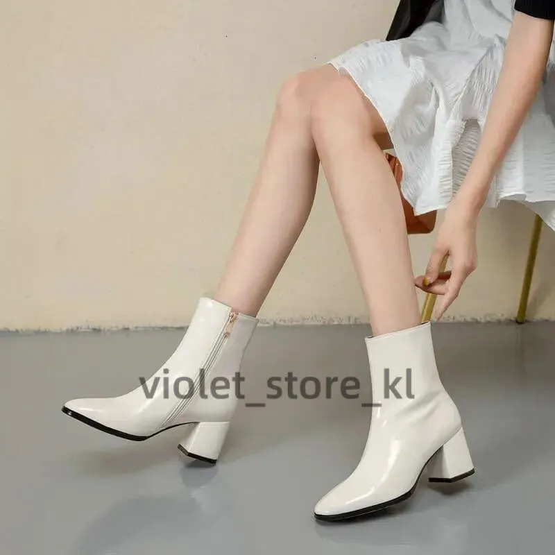 Designer Ankle Boots for Women Soft Patent Leather Thick High Heels Autumn Winter Zippered Ladies Shoes in Black and White