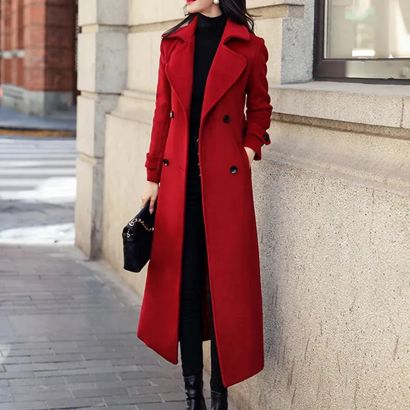 Womens Spring Trench Coat, Wool Blend Longline Overcoat, Double