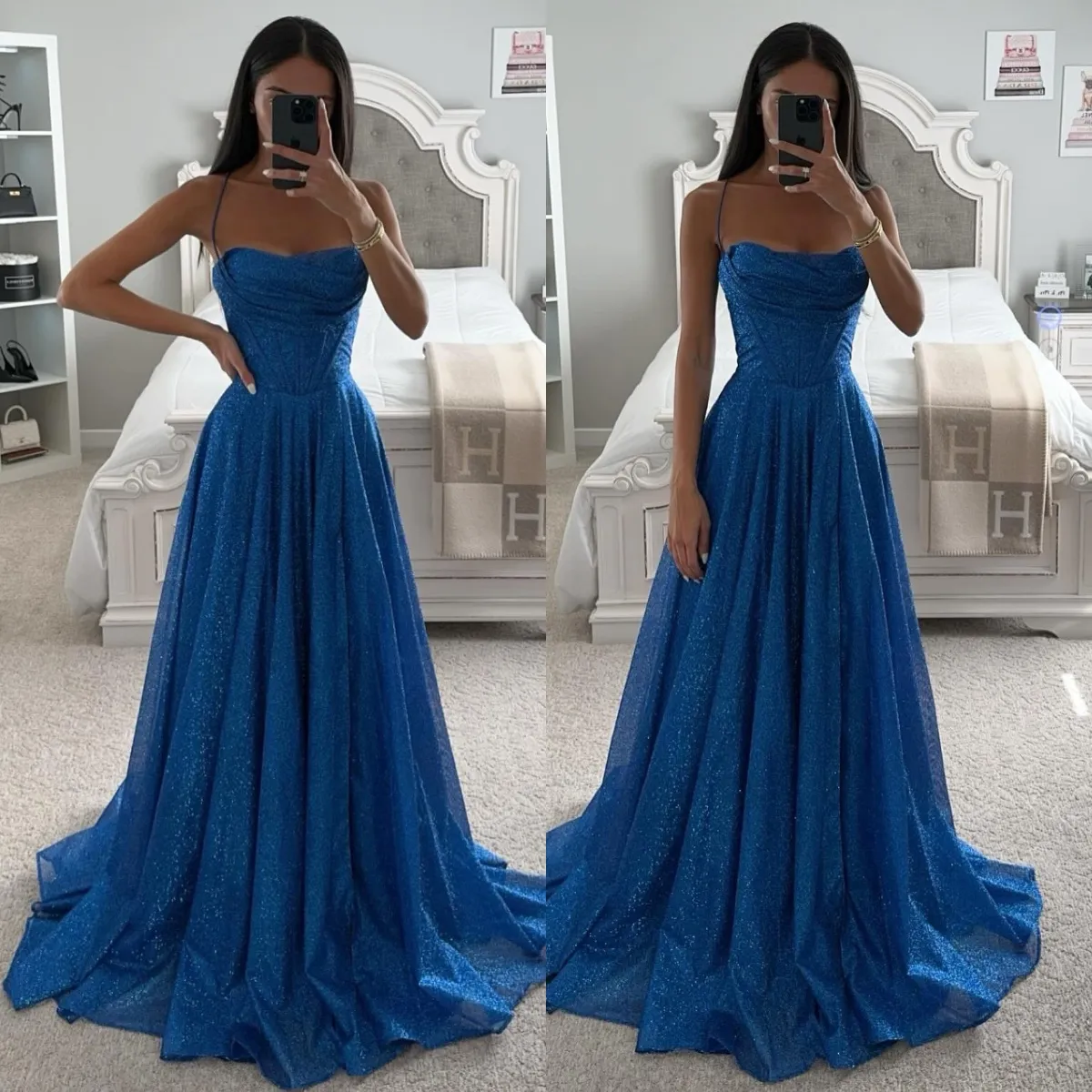 Glitter Straps Beaded Blue Formal Prom Dress Chic Evening Dress Y1811 main image 1