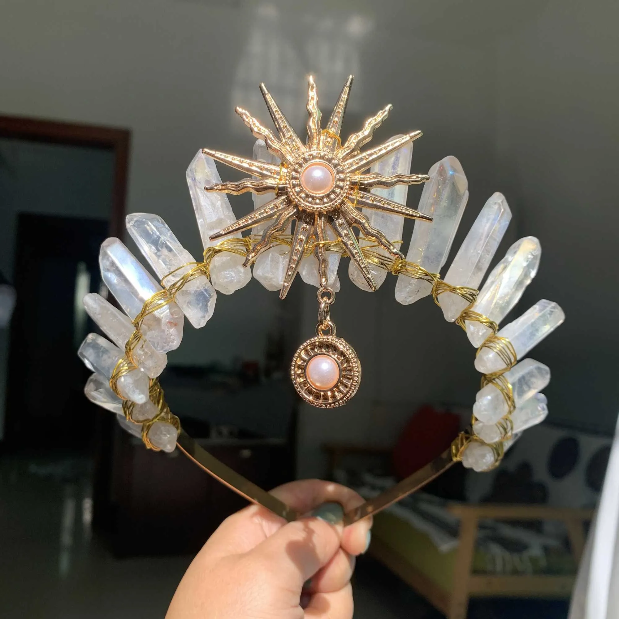 Bridal Crystal Headband Raw Stone Crown Tiara, Celestial  display picture 1