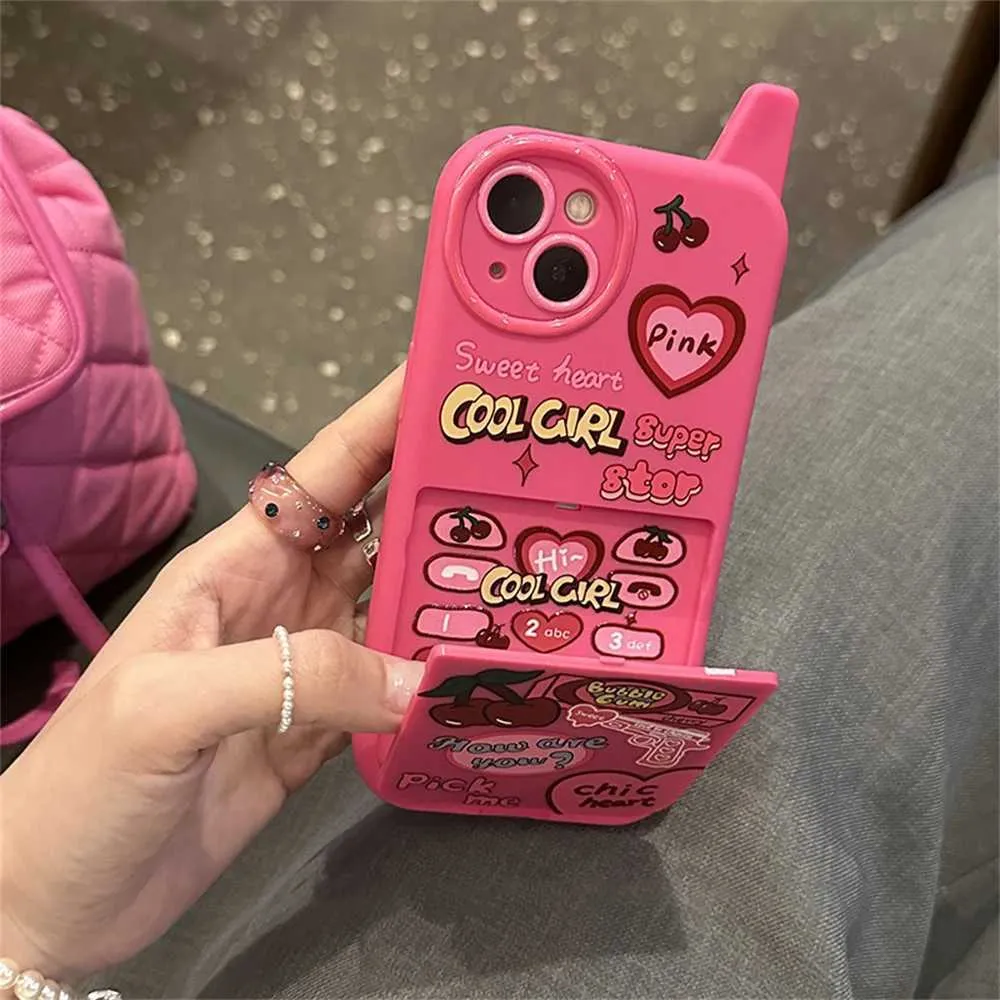 Cell Phone Cases Ins Korean Retro Y2k Cherry Heart 3D Pink Make Up