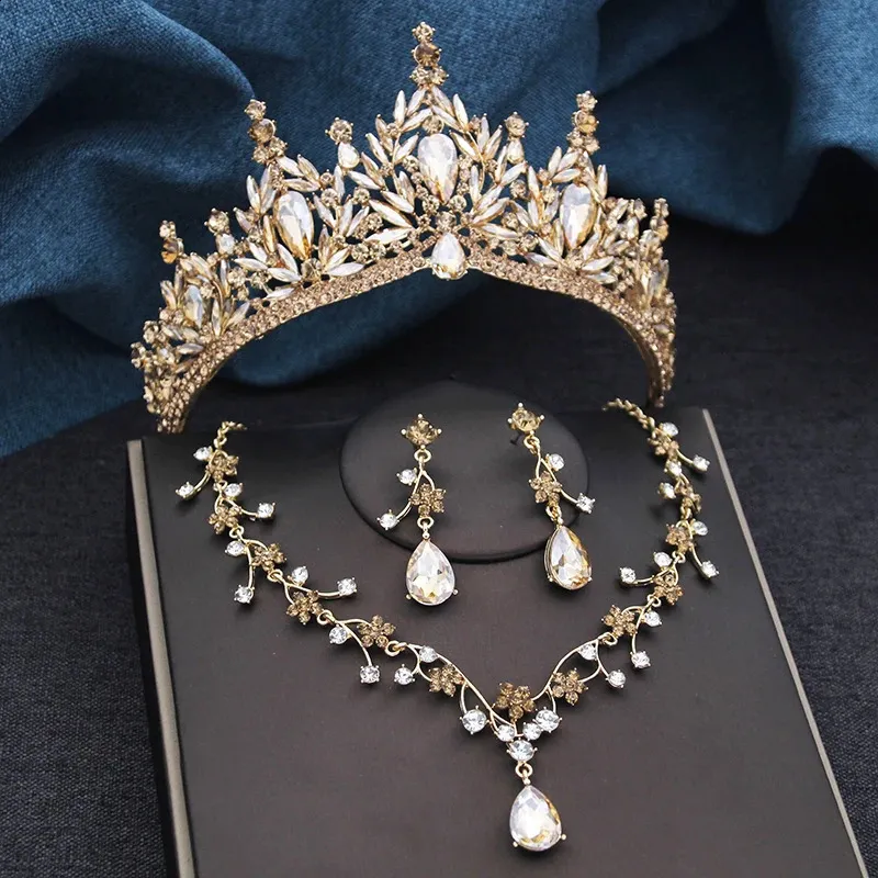 Baroque Wedding Crown Set with Champagne Crystal Water Drop  display picture 3