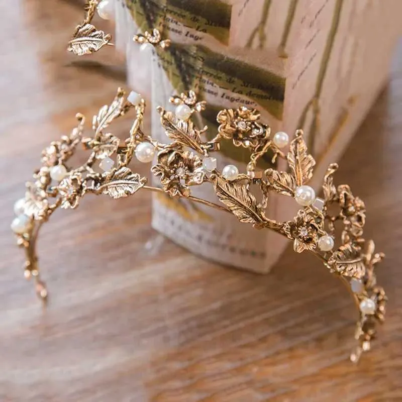 Vintage Baroque Gold Color Pearl Leaf Bridal Tiaras... From 