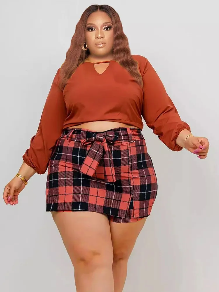 Plus Size Womens Outfit Wmstar Long Sleeve Solid Top And Mini Plus Size Plaid Skirt Matching Suit Wholesale Dropshipping Available From Yogaclothes1 26.82 DHgate.Com