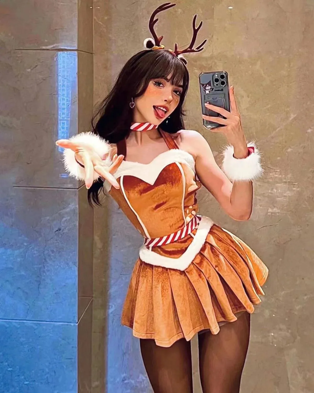 Christmas Off-Shoulder Elk ballerina bodysuit Dress for Santa Claus Reindeer Cosplay and Bunny Girl Costume