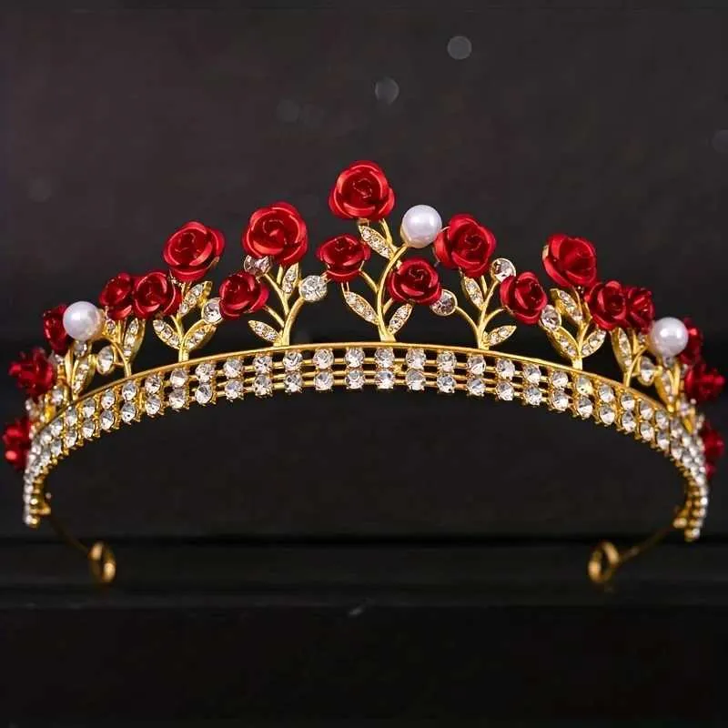 Crystal Pearl Rose Crown Tiara For Women Bride Rhinestone  display picture 2