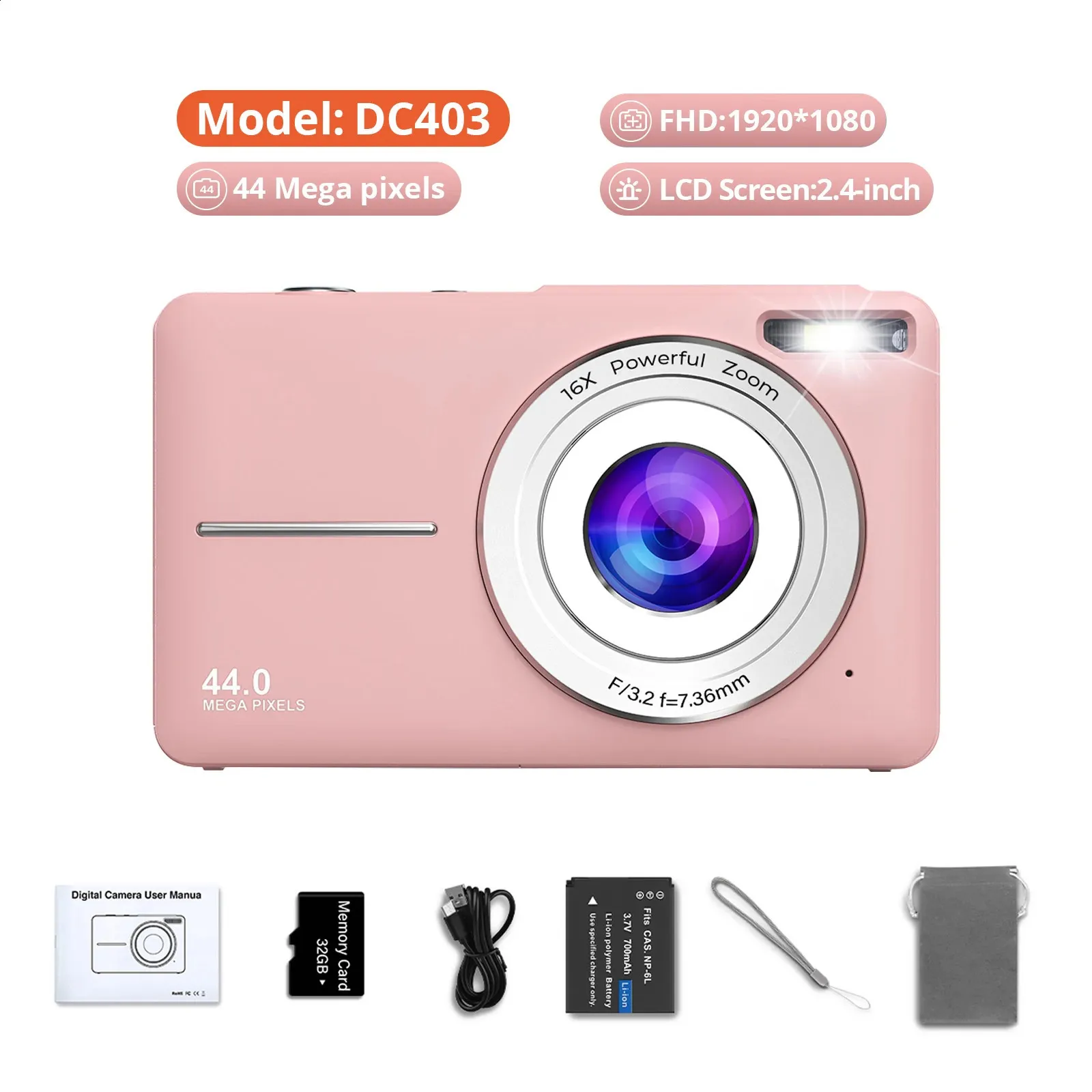 1080P digital rens camera with 32GB card 16x zoom compact point 44MP rechargeable camera suitable for students and s 240923
