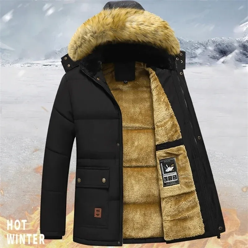Mens Winter Fleece Coat Thickened Warm Hooded Fur Collar, Plush