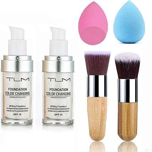 2x Color Changing Foundation Set - Flawless Coverage, Includes Brushes ...