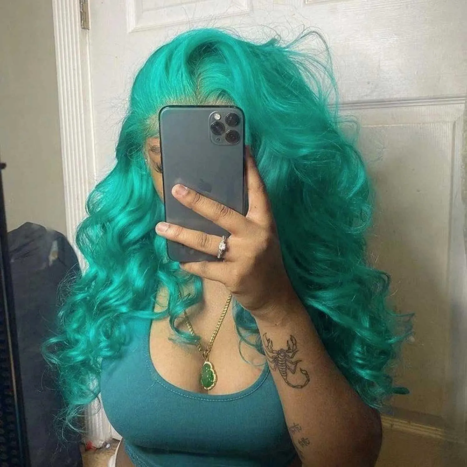 New Teal Temptress Front Lace Wig 18” bob-lace-front-wig-dusty-blue-  main image 2