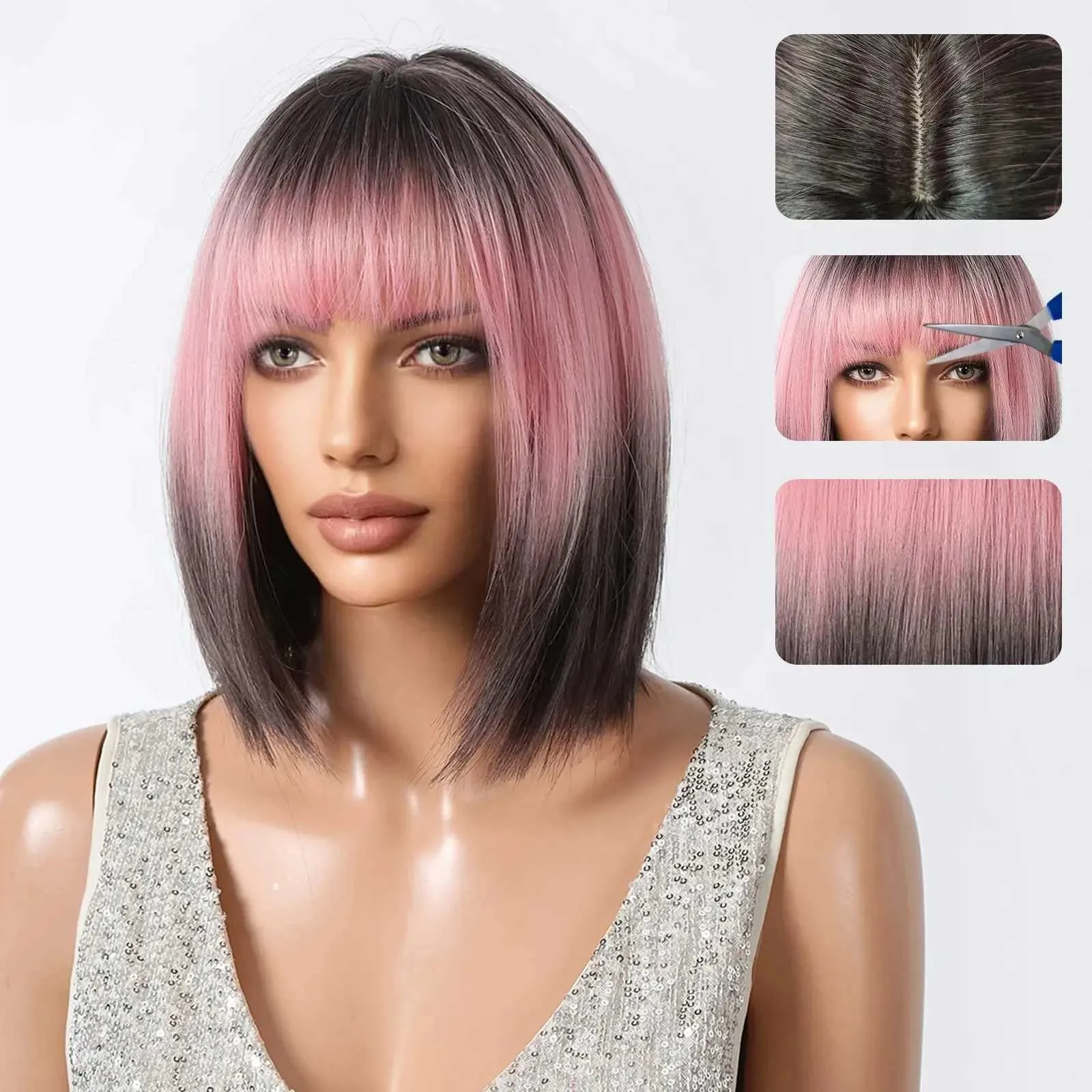 Mellnay 14” PINK OMBRÉ BOB WIG *NWT* Pink Ombre Bob Wig With Bangs, Heat-resistant Synthetic Hair  main image 2