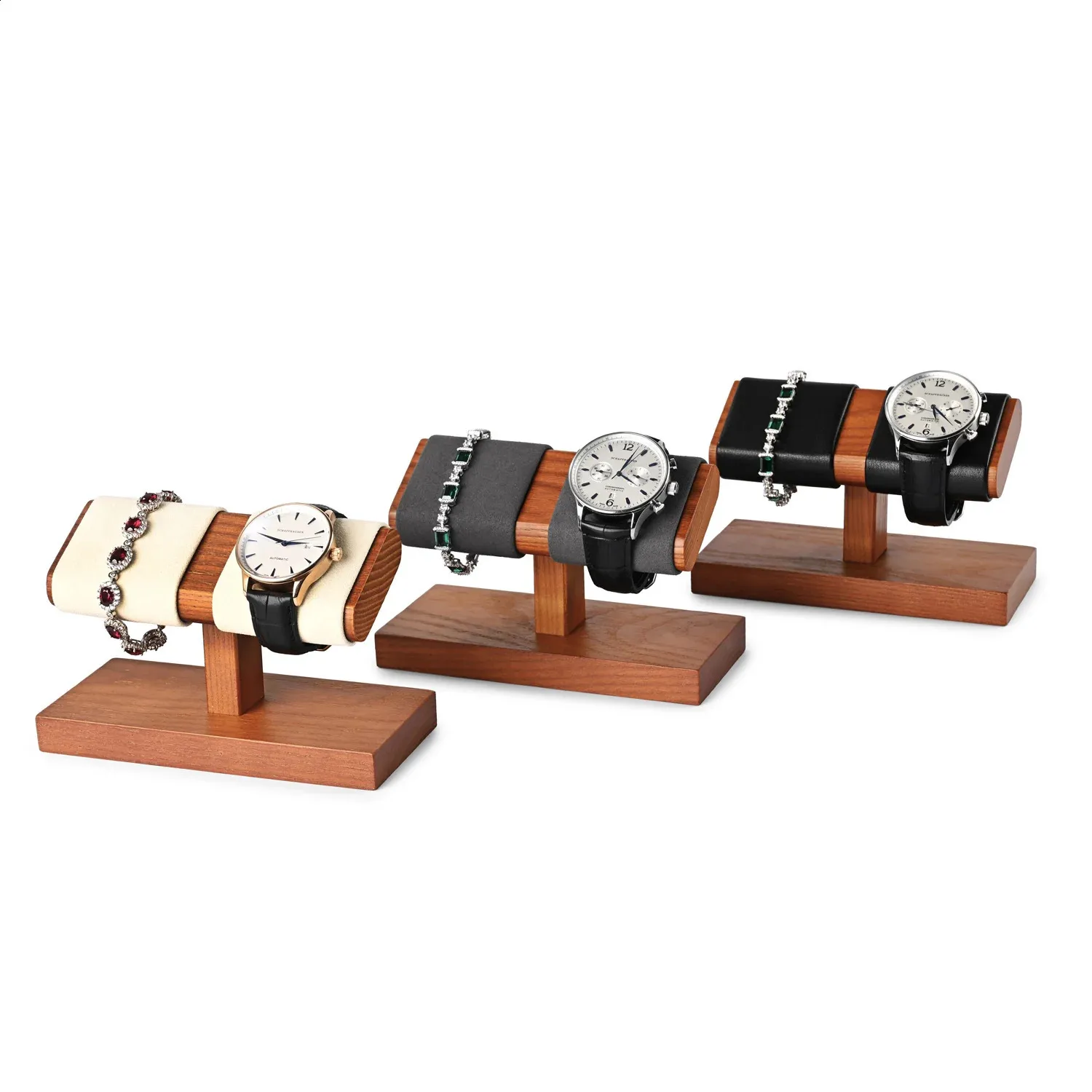 Walnoot Horloge T-Bar Horloge Houder Faux Suede Armband Display Stand