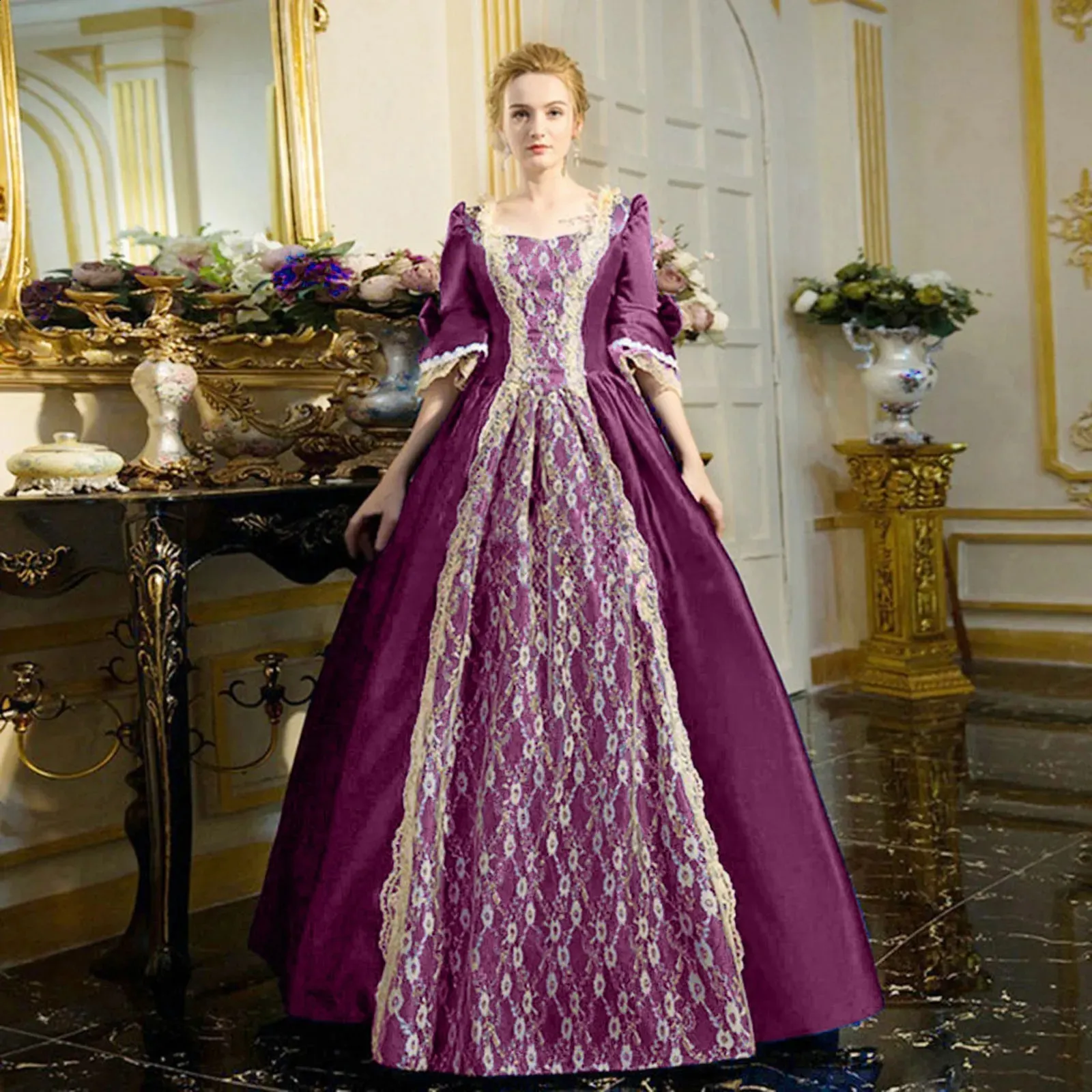 open lace back dress Katherine Parr Boleyn Queen French hood costume NEW Purple Gold Tudor –  Cosplayrr