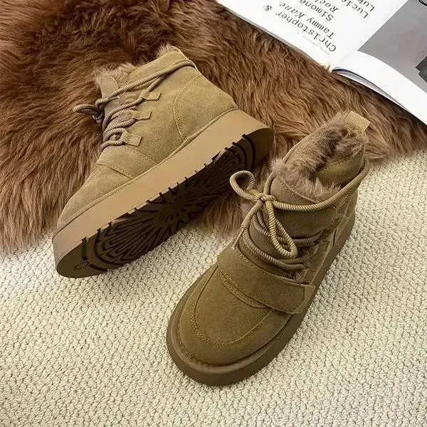 Womens Round Toe Rubber Snow Boots Womens With Lace Up Flat