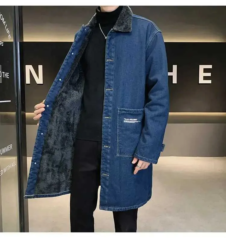 Mens denim trench coat large-sized cashmere and wool thick autumn