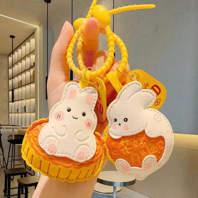 Animal Plush Keychain Faux Leather Rabbit Mooncake Keychain Mid-Autumn ...