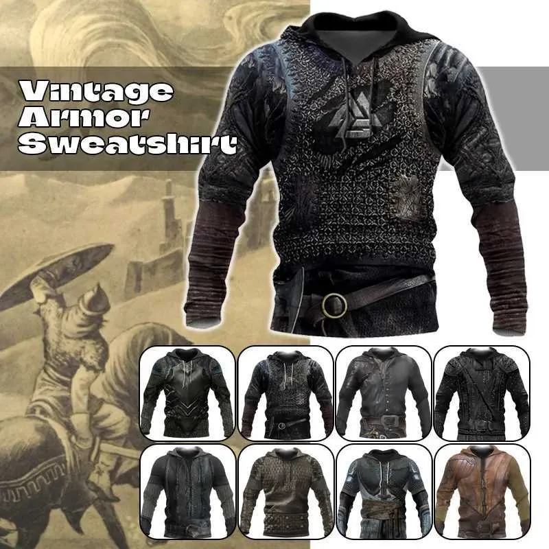 3D Knight Armor Print Hoodie: Medieval Style Pullover for Men