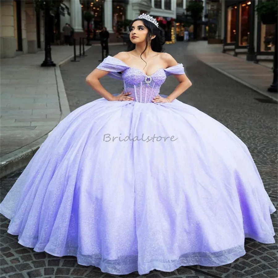 fifteen birthday dresses Luxury Lilac Quinceanera purple wedding dress with Glitter Sequins, Beaded Corset, and Sweetheart Neckline
