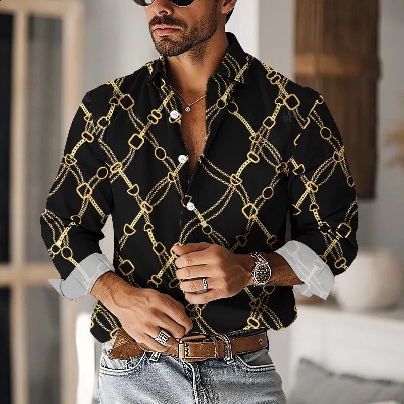 Men Collared Shirt Chain Button Down Shirts Men Blue Gold Chain Off White Silky Long Sleeve Men Collared Shirt Chain Button Down Shirts Men Blue Gold Chain Off White Silky Long Sleeve